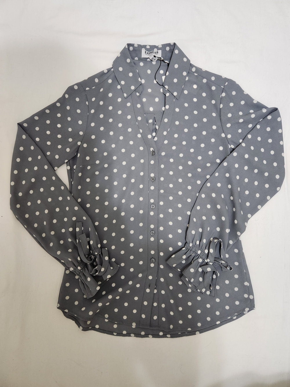 Express Women’s Grey Tailored  Polka Dot Button-Up Blouse
